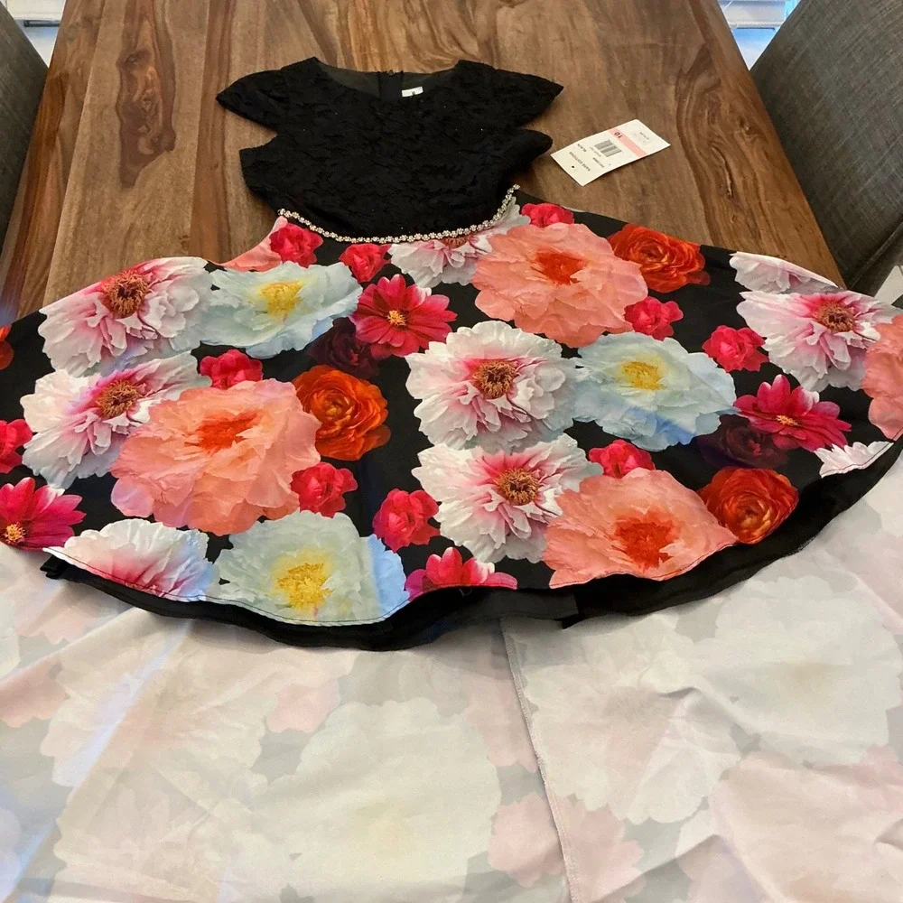 Rare Editions Girls Black Glitter Lace Floral Hi Low‎ Dress Size 10